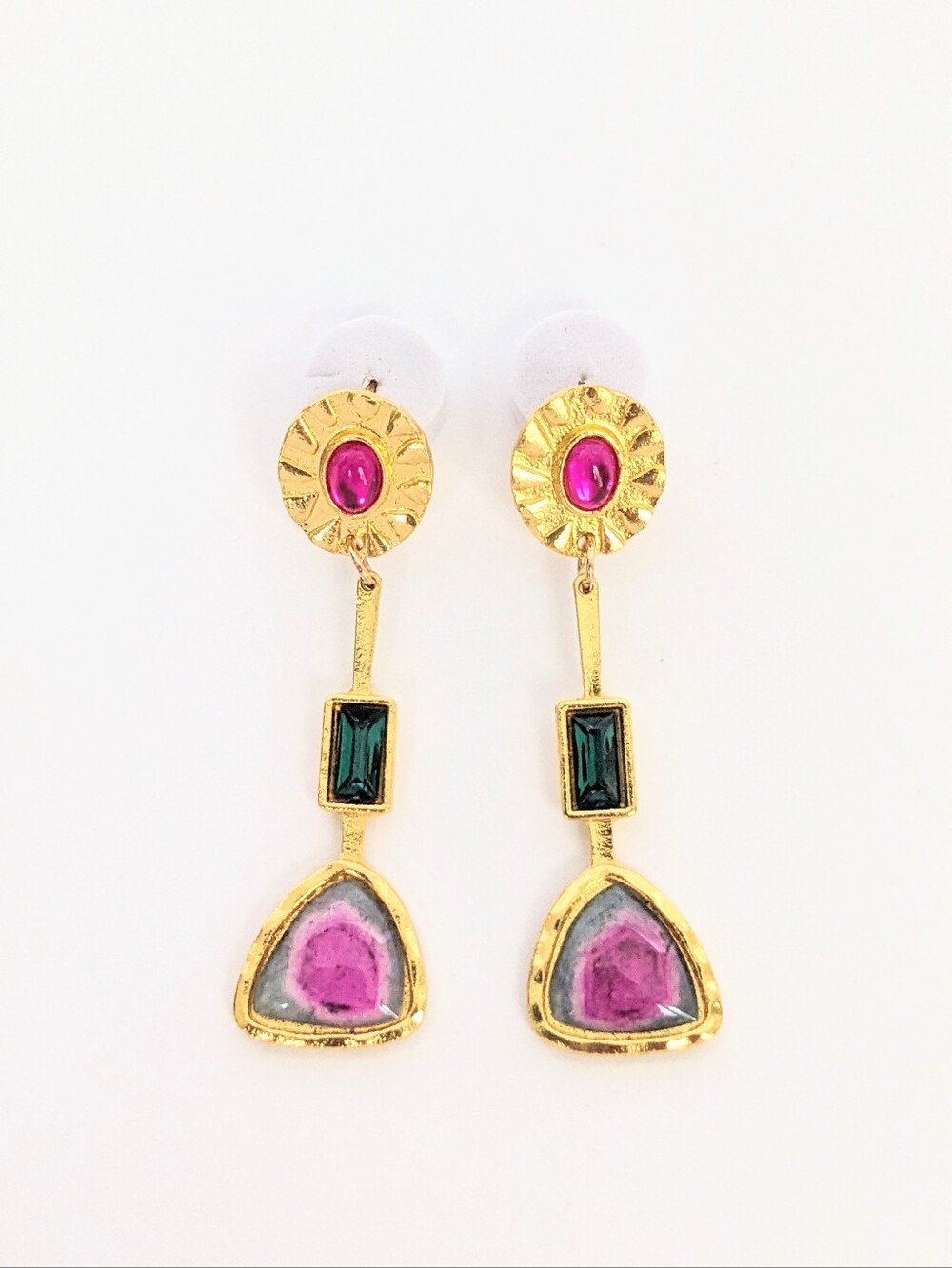 Gold Drop Earrings with Pink and Green Accents